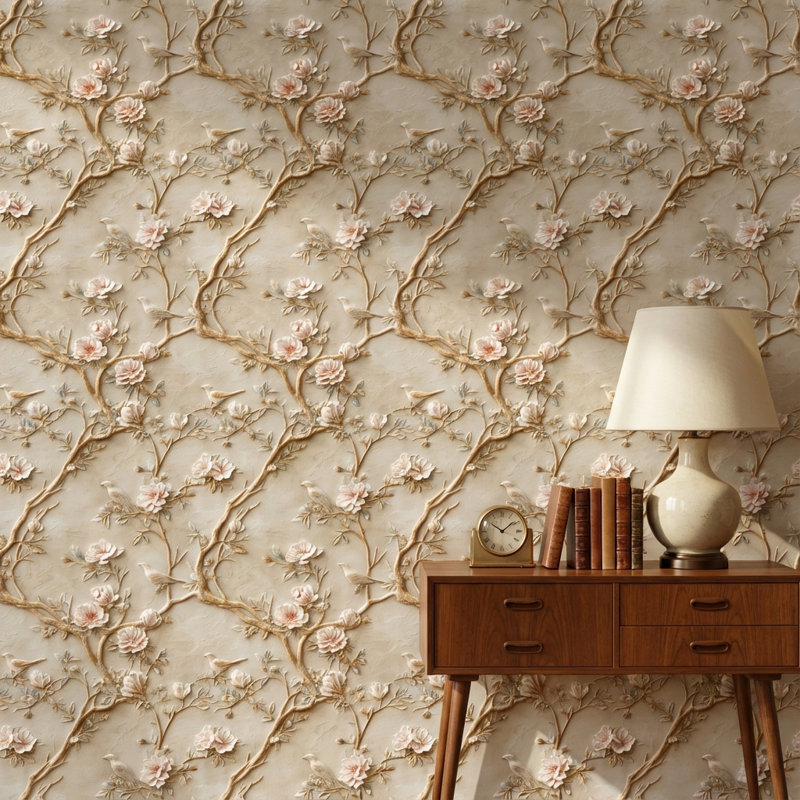 Papier peint floral, oiseaux, décoration murale traditionnelle amovible