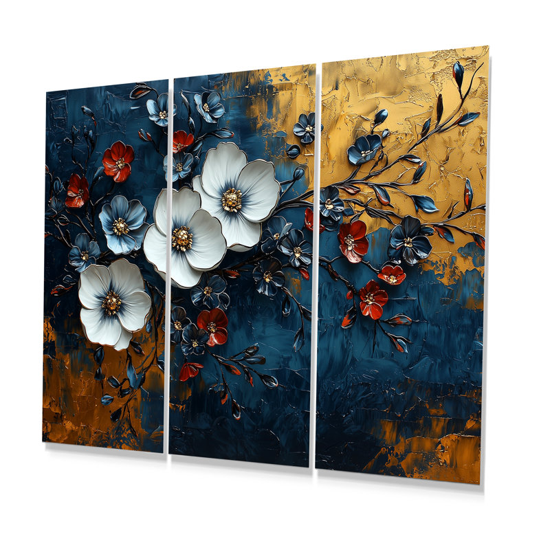 «White and Blue Poppies Venetian Vibrance I», ensemble d'art mural coquelicots, Métal métal, H 32 po x l 48 po x P 1 po