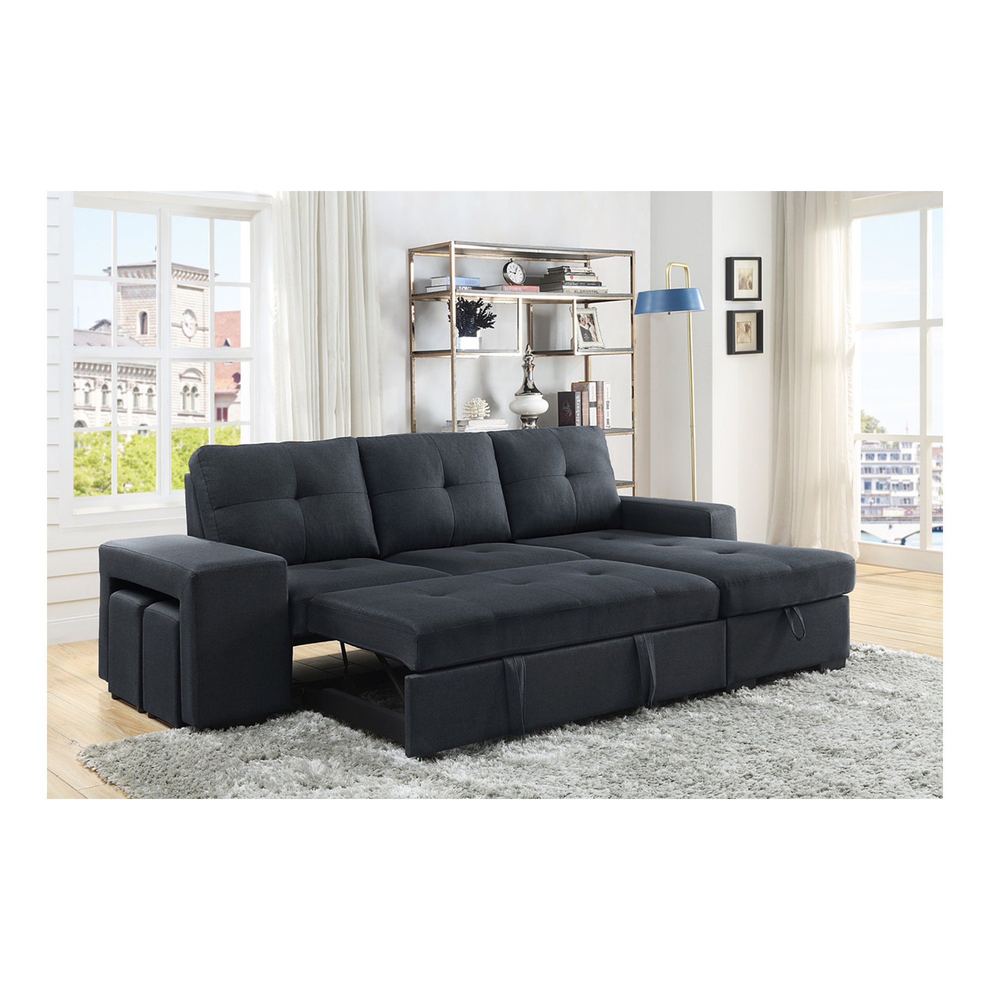 Hokku Designs Lucas 97" Dark Grey Linen Sleeper Sectional Sofa with ...