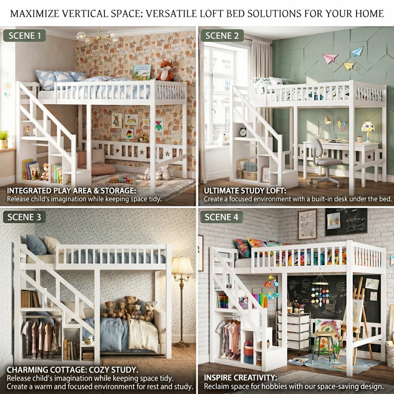 EU Single & Double Solid Wood Loft Bed with Storage Stairs & Wardrobe Rail, 161cm H Space-Saving Cabin High Sleeper Bed Frame with High Guardrail, White