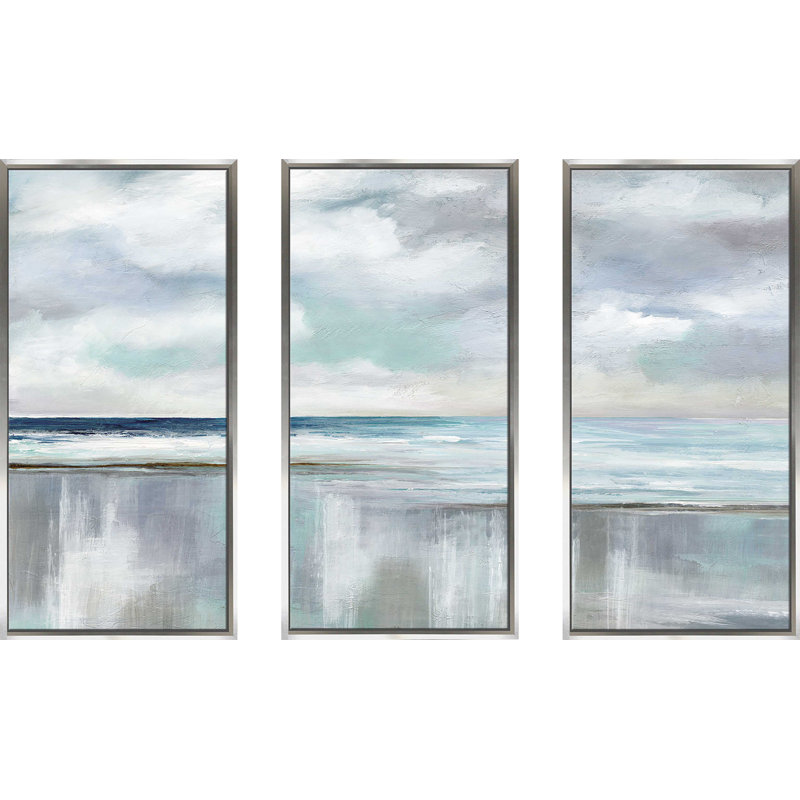 « Cyan Sunrise Nan », ensemble de 3 reproductions d’art sur toile avec cadre flottant, Encadrement argenté