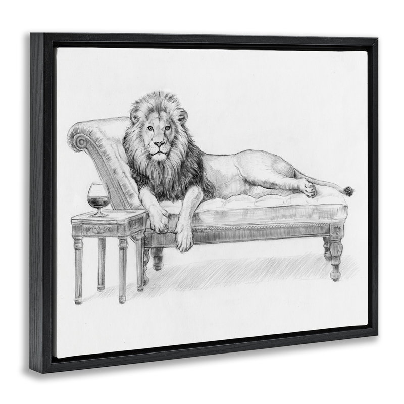 Cadre flottant Lounging Beast Lion, design par Victoria Barnes, H 25 po x l 31 po, Cadre flottant noir de jais