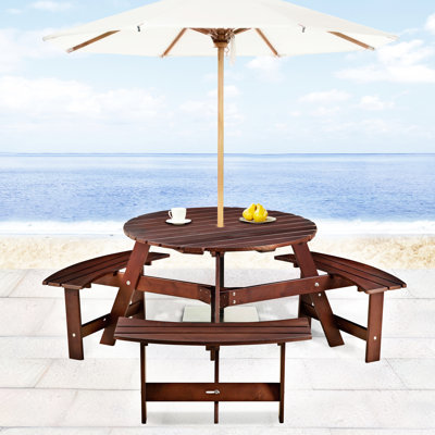 Table de pique-nique ronde pour 6 personnes - Trou de parasol 3 bancs encastrés Décoration de jardin imperméable brun pour bancs, trou, intempéries, brun, jardin