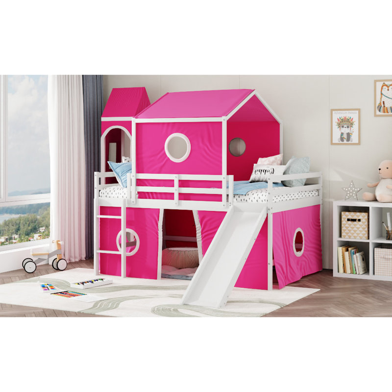 Lit mezzanine pleine grandeur rose avec glissade, tente et tour - conception de fenêtre inspirée, pin de qualité, espace de jeu supplémentaire avec pinède fermé, dessous aéré pour les marionnettes