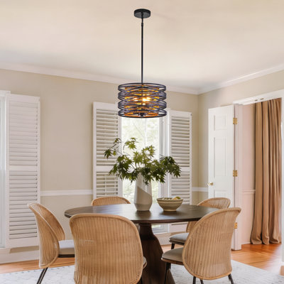 13'' Farmhouse Chandelier For Dining Room, 3-Light Industrial Black Metal And Retro Wood Texture Hanging Light Fixture, Rustic Drum Pendant Light For Kitchen Foyer Bedroom Entryway
