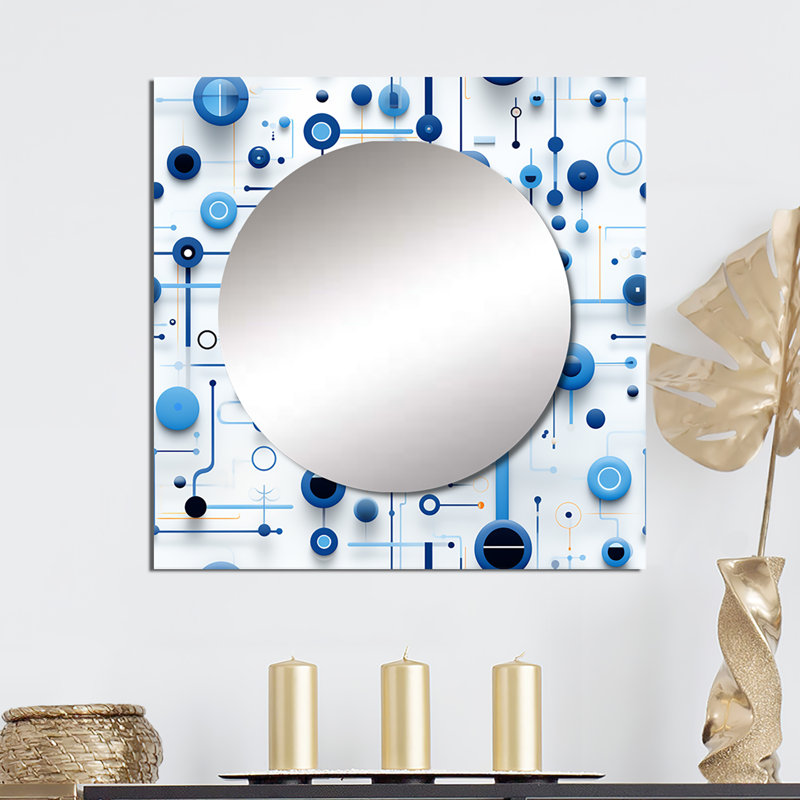Cobalt bleu et blanc grille géométrique I - art mural moderne miroir carré pour salle de bain, 29 po x 29 po