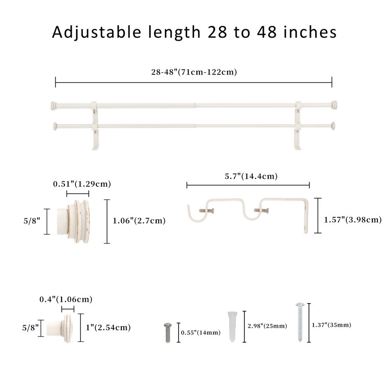Tringle à rideaux double réglable en acier Kynley, 28" - 48", Blanc