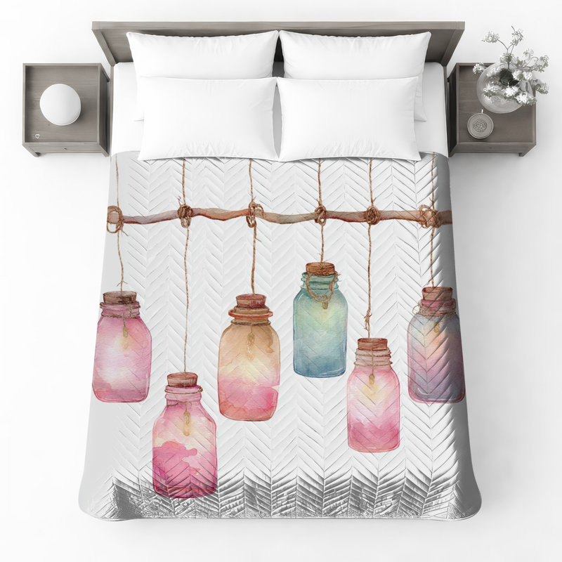Pendants en verre suspendus, aquarelle, literie, pots, couvre-lit, décoration, Grand lit