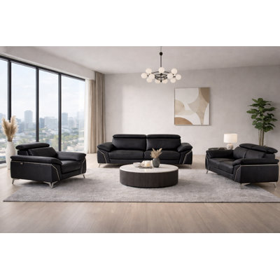 Ensemble de canapé 3 pièces en cuir véritable noir avec appuis-tête réglables