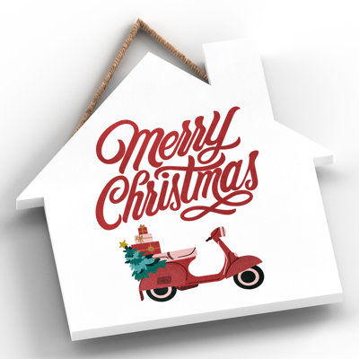 Xmas Merry Christmas Scooter Wooden House Plaque