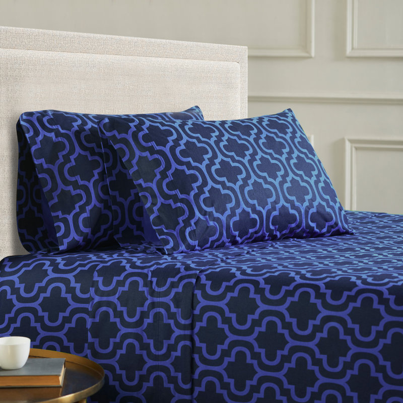 Scotia Trellis100% Cotton Flannel Sheet Set, Full Sheet Set + Fitted Sheet + 2 Pillowcases, Navy Blue Trellis