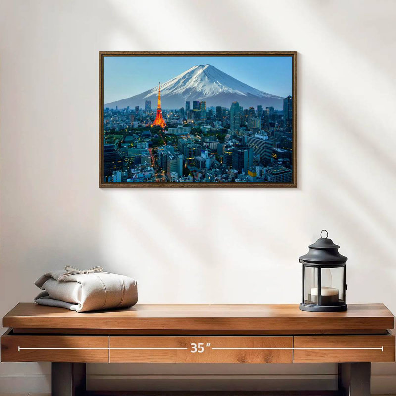 Mont Fuji, paysage urbain de Tokyo, 19 po x 13 po, Cadre flottant noyer