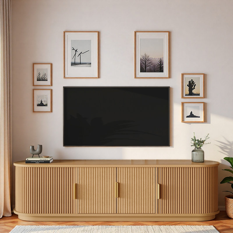 Farmhouse Wooden TV Stand With Sliding Tambour Door For Tvs Up To 75", Natural