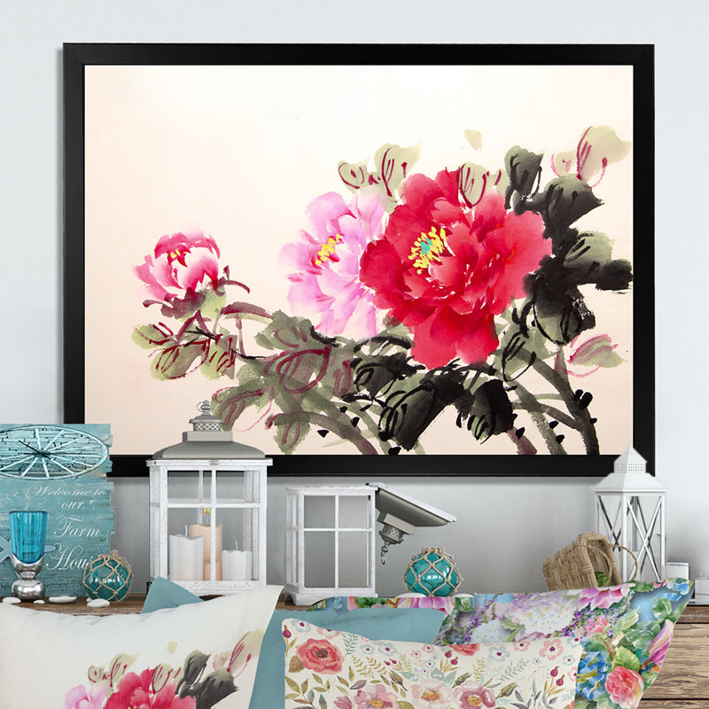 Encre de pivoine chinoise - reproduction sur toile, Toile avec cadre noir, H 8 po x l 12 po x P 1 po