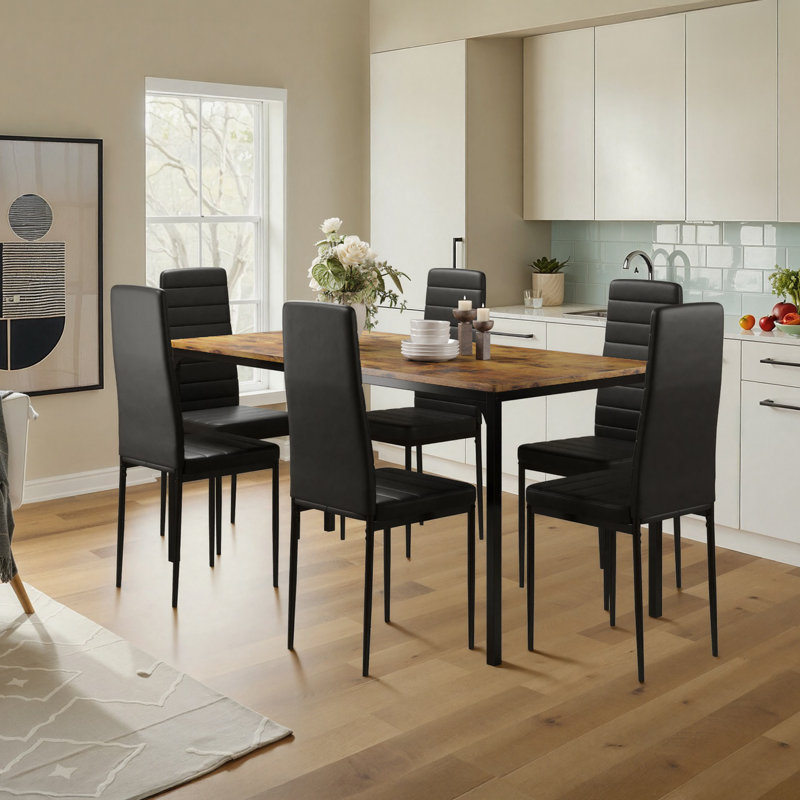 Modern 7-Piece Wood & Metal Dining Set For Kitchen & Dining Room, Brown