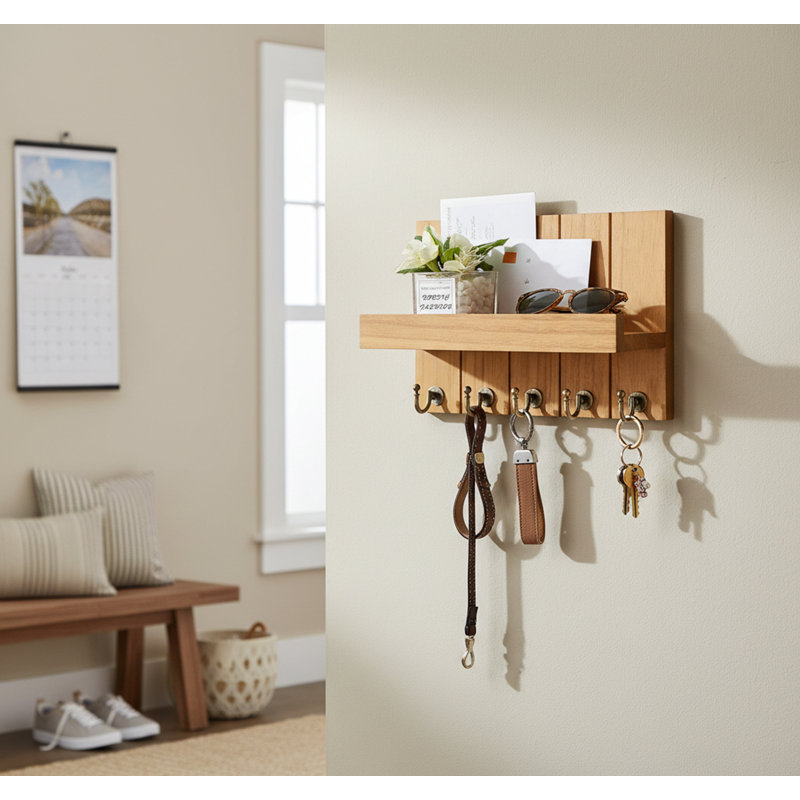 Wood Wall Organizer with Key Hooks