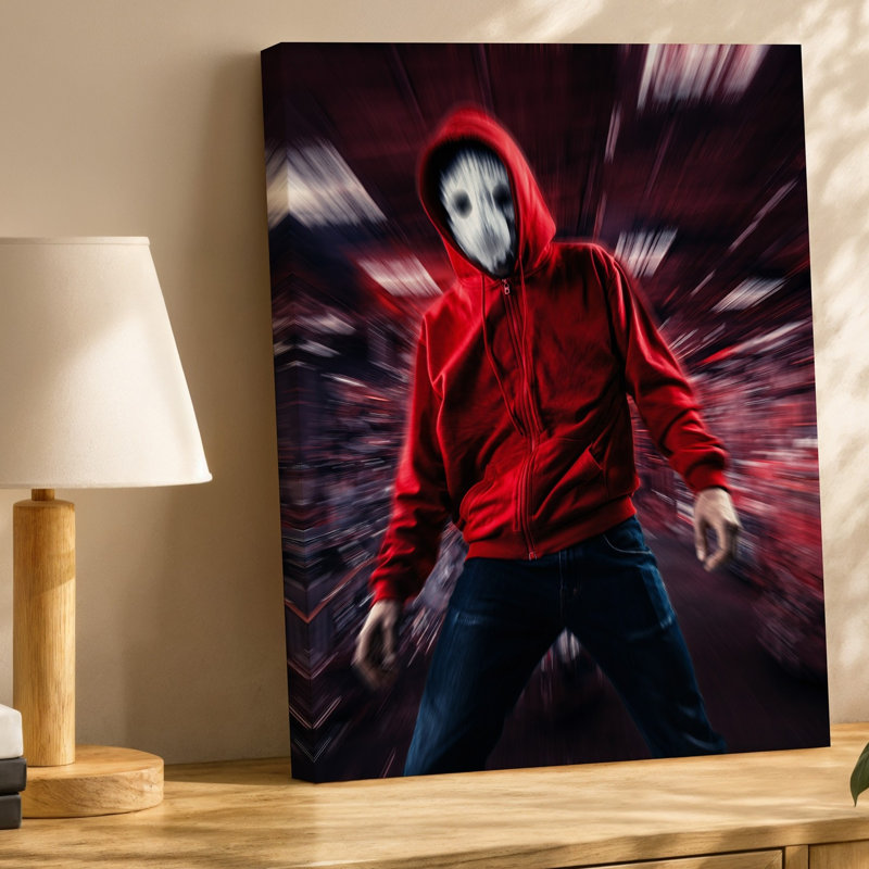 Toile une scène dynamique mettant en vedette une figure vêtue d'un art mural vibrant, H 9 po x l 12 po