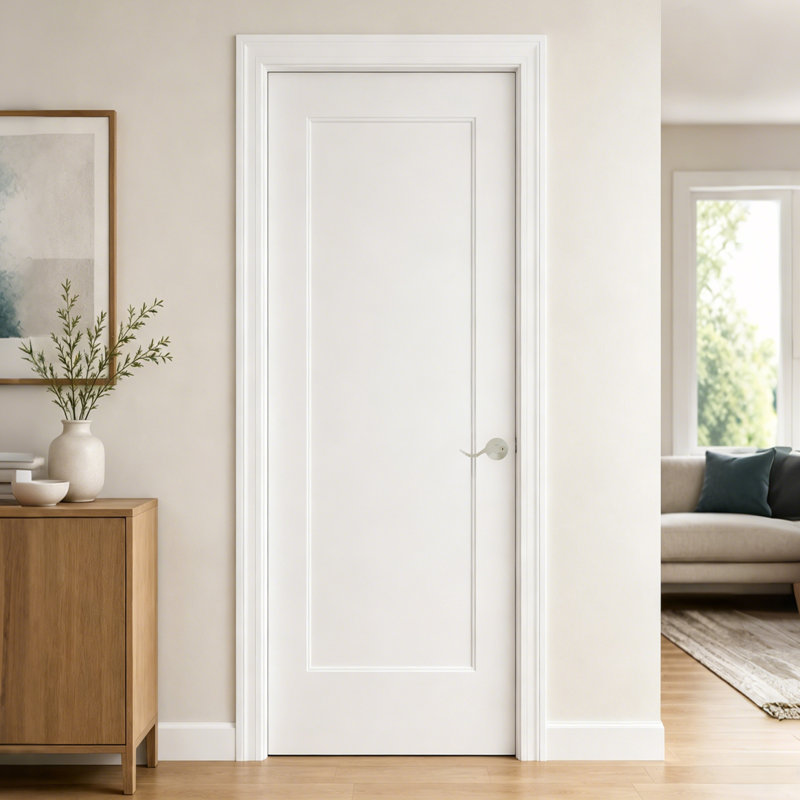Ensemble de porte de garde-manger blanc à panneau simple avec cadre et poignée levier argenté, porte intérieure moulée pré-compatible