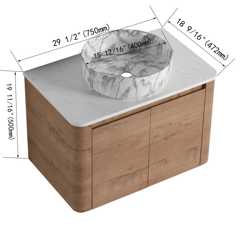 30'' Wall-Mounted Bathroom Vanity With Ceramic Art Sink & 2-Soft-Close Door