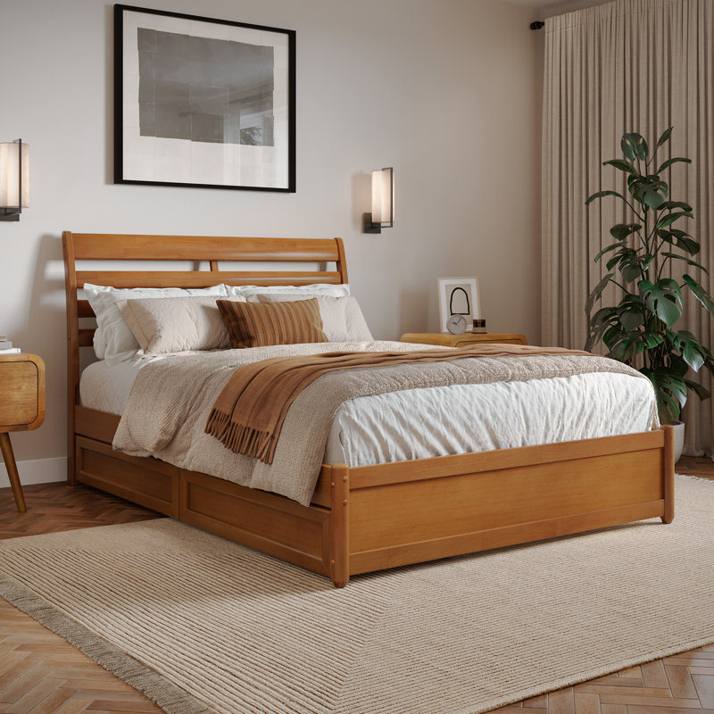 Lit plateforme avec rangement en bois massif et pied de lit Lamareon, Double, Caramel clair