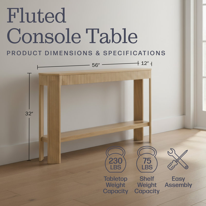 Fluted 56-Inch Console Table with Storage Shelf, Light Oak, Light Oak