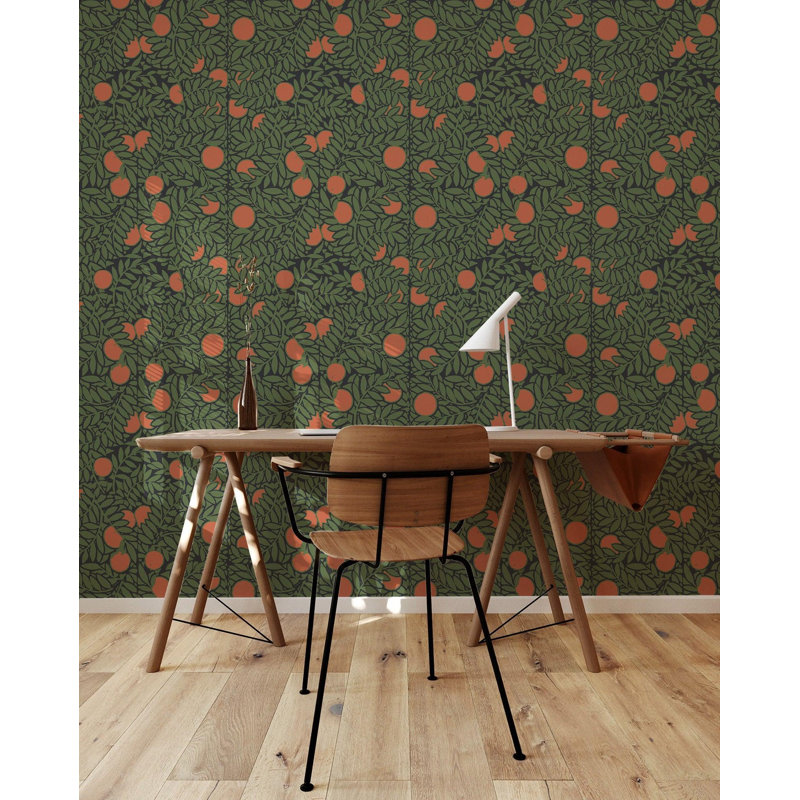 Orange Bush 10' L x 24" W Peel and Stick Wallpaper Roll, Non-pasted, Forest/Orange, Faux Grasscloth