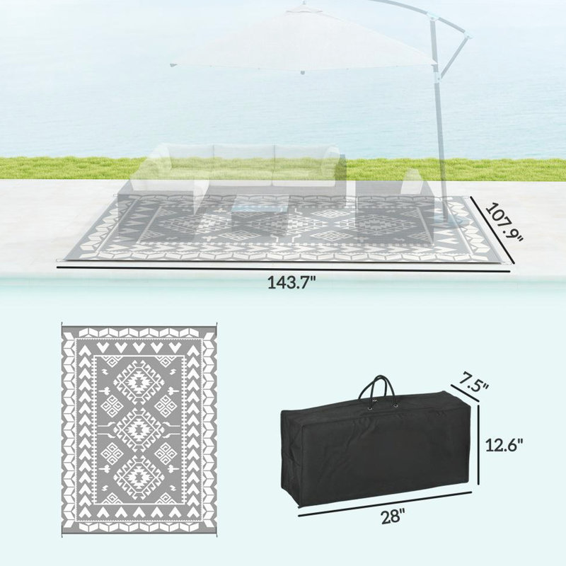 Tapis d'extérieur réversible pour patio, 9 pi x 12 pi, gris et blanc, polypropylène, imperméable, livré avec sac de transport