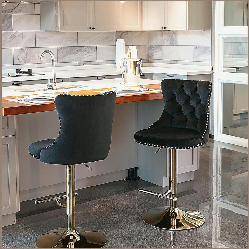 Tabourets de bar pivotants en velours doré à hauteur de siège réglable, tabourets de bar rembourrés modernes avec dossier capitonné confortable, ensemble de 2