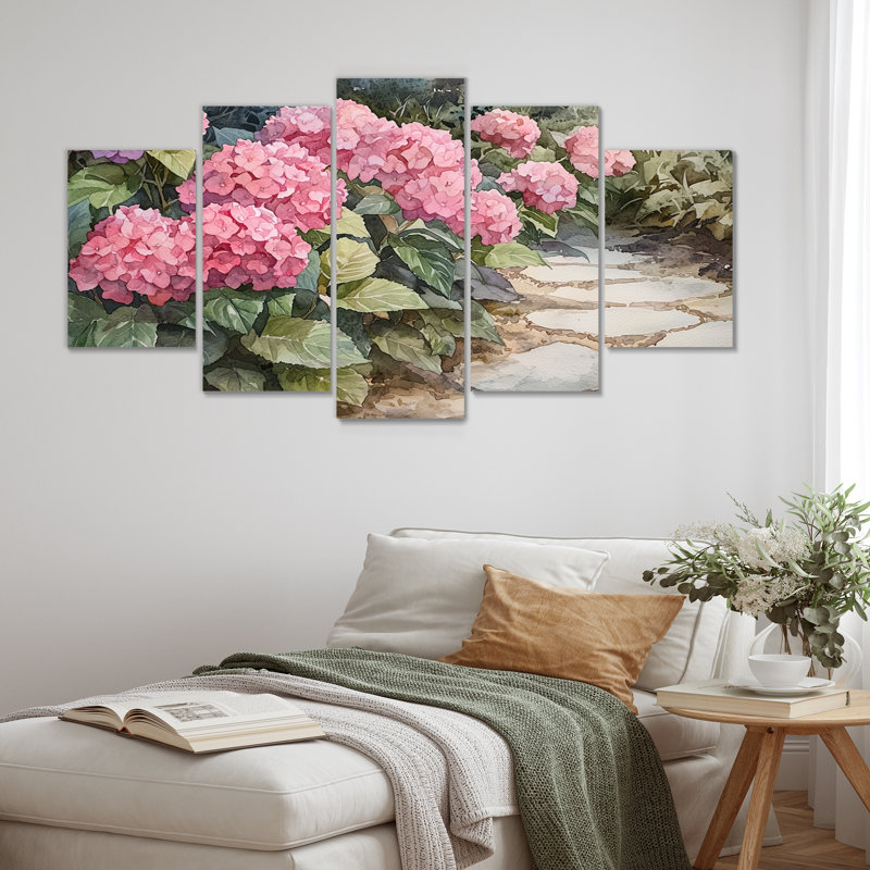 Hortensias dans l'allée de jardin monochrome I - Art mural hortensia - Art mural traditionnel, H 32 po x l 60 po, 5