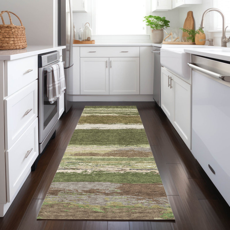 Red and Olive Striped Washable Synthetic Runner Rug 2'3" x 7'6"