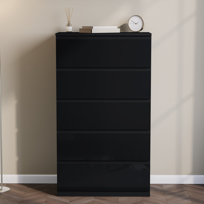 Oslo 5 Drawer High Gloss Chest, (FSC 100%), Bedroom Home Storage Furniture, Black
