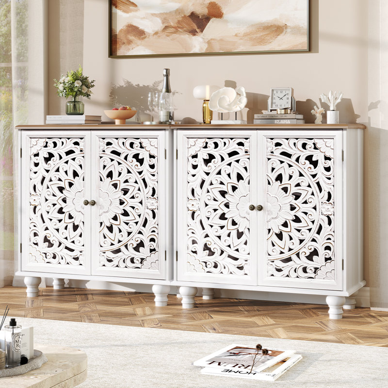 Accent Cabinet With Doors, Storage Cabinet With Solid Wood Legs And Adjustable Shelf, Sideboard Buffet For Living Room, Entryway, Dining Room, Bedroom, White