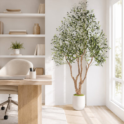 Arbre artificiel de 7 pi avec grand pot à fleurs blanc, grand olivier faux avec un tronc épais, feuilles d'olivier denses et fruits réalistes, arbre artificiel en pot pour la décoration de salon de bureau à domicile