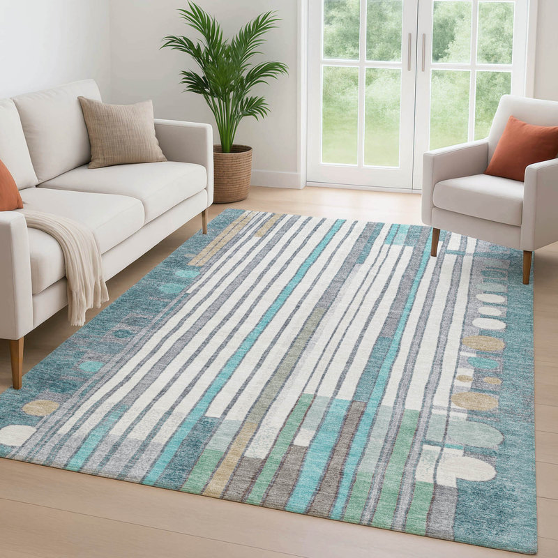 Premium Machine Washable Mayfield AMF2189 geometric Rug, Teal, 5' x 7'6"