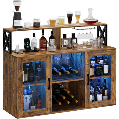 Wine Bar Cabinet with Wine Rack Glass Holder Kitchen Coffee Cabinet, Sideboard Freestanding Liquor Storage with LED Lights for Kitchen Living Room, Of by Wrought Studio