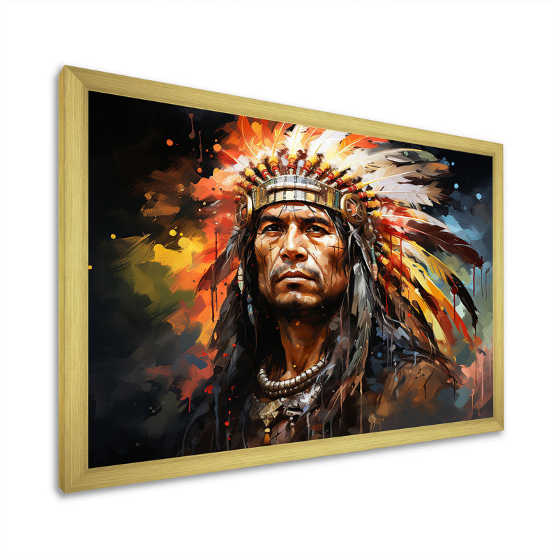 Amérindien Mohawk Warrior - Art amérindien grand art mural, Cadre doré simple, H 12 po x l 20 po x P 1 po