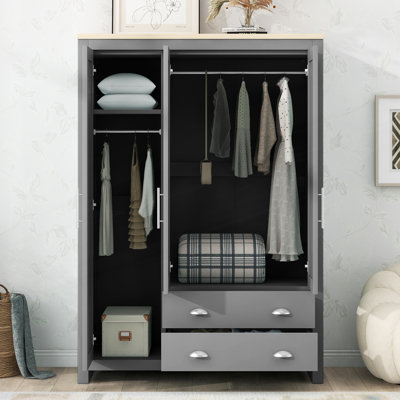 Armoire de rangement à trois portes avec armoires et deux tringles de suspension