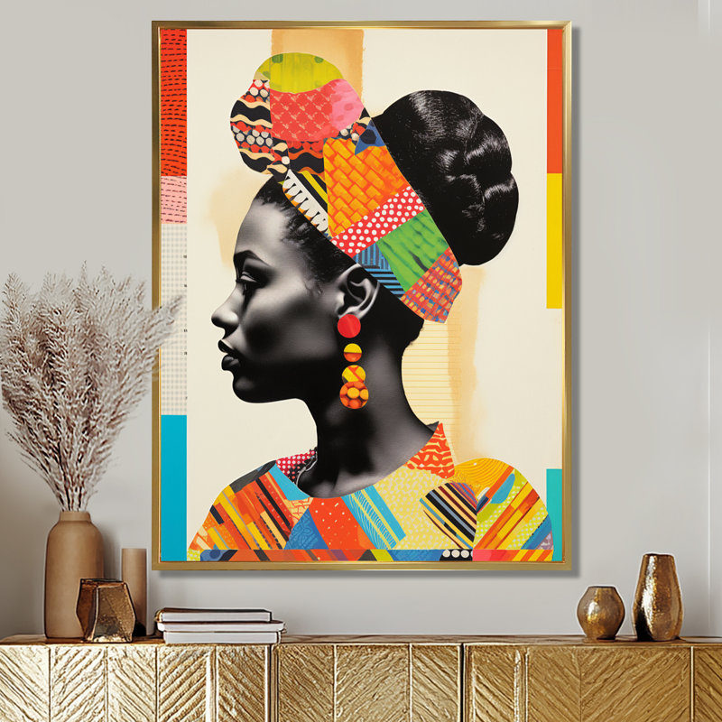 Afro American coloré rétro collage II - femme pop art mural salon, Cadre flottant doré, H 32 po x l 16 po x P 1 po