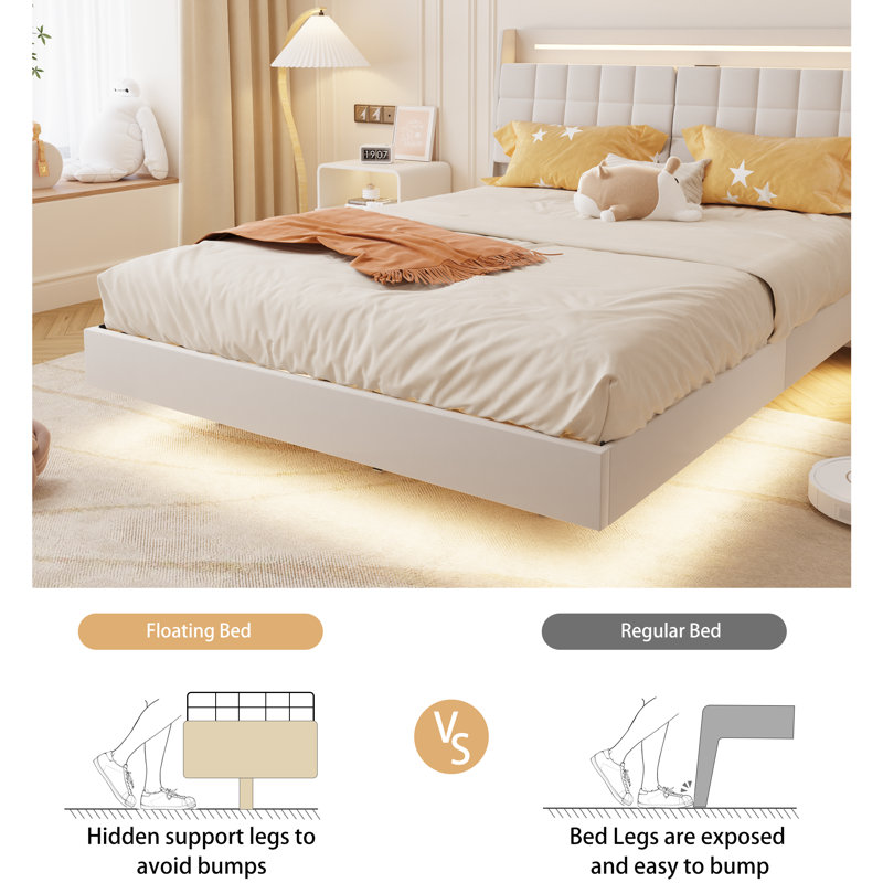 Floating Bed Frame with Storage Headboard, LED Bed Frame with Charging Station, King, Beige