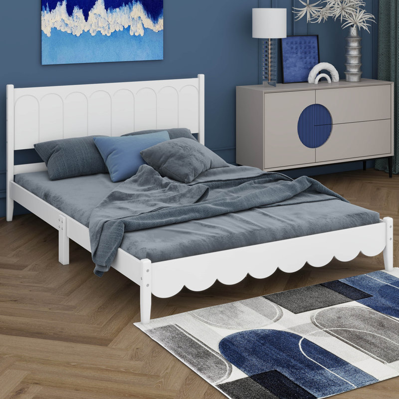Lit de style rétro avec tête de lit rectangulaire, Blanc, Double