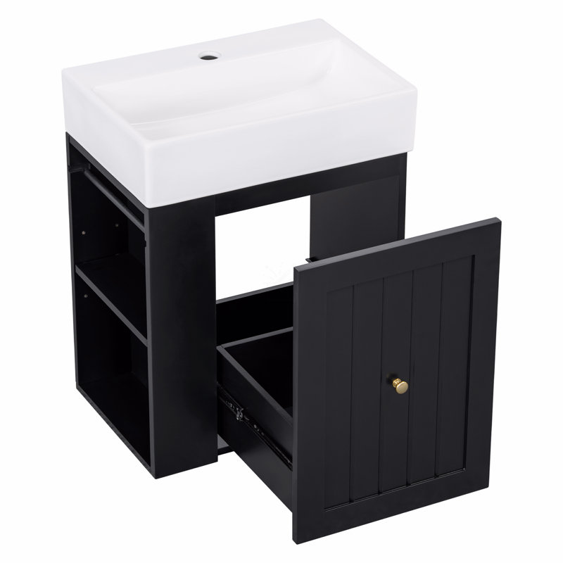 Meuble-lavabo de 20 pouces avec lavabo en céramique, armoire de rangement en MDF avec tiroir, tablette latérale et poignée dorée - meuble-lavabo moderne peu encombrant
