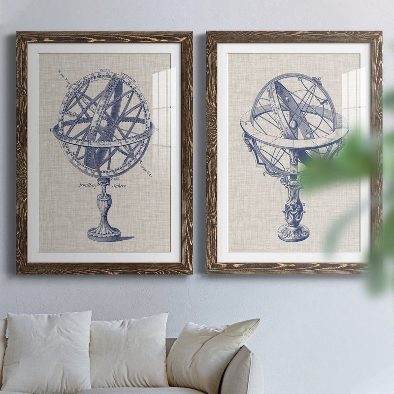 Armillary Sphere on Linen I - Reproduction d'art graphique encadré, H 31,5 po x l 47 po x P 1,5 po, Papier, cadre noyer