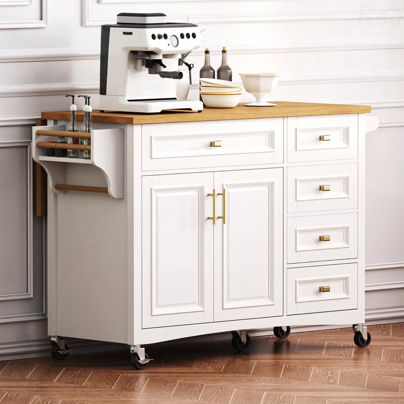 Îlot de cuisine de 52 po avec abattant, îlot de cuisine à texture en relief sur roulettes avec support à épices, porte-serviettes, 2 portes et 5 tiroirs, chariot de rangement de cuisine avec tablette réglable pour la cuisine