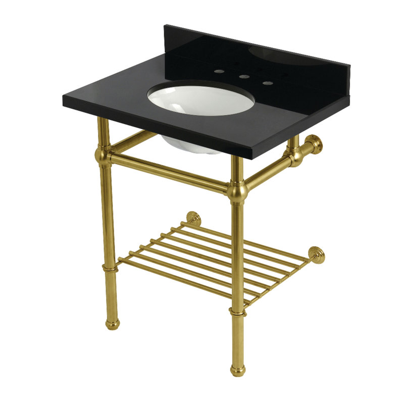Évier console KVPK30KBB6 Templeton de 30 po avec pieds en laiton Kingston (8 pouces, 3 trous), granit noir / nickel poli Kingston