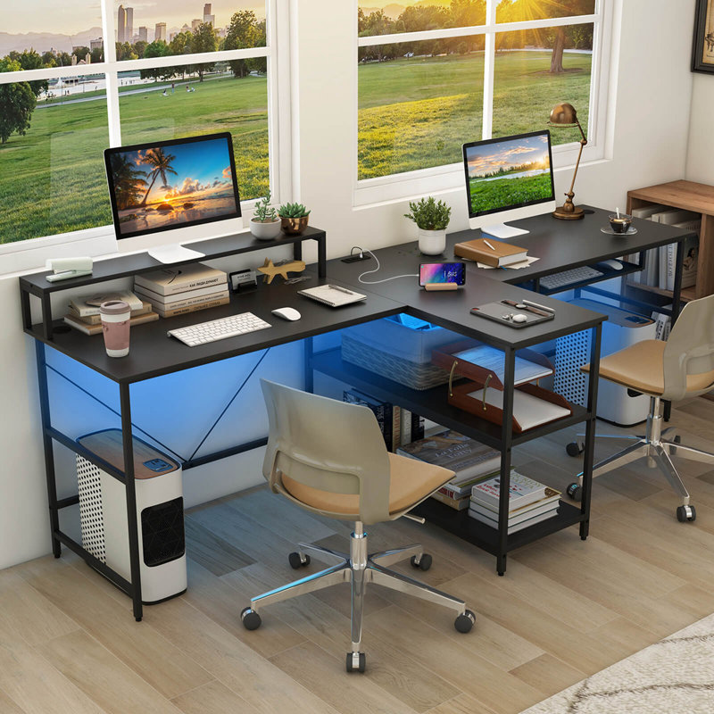Wrought Studio 94.5" Long Office Desk 2-person Reversible Computer Desk With Led Lights, Black