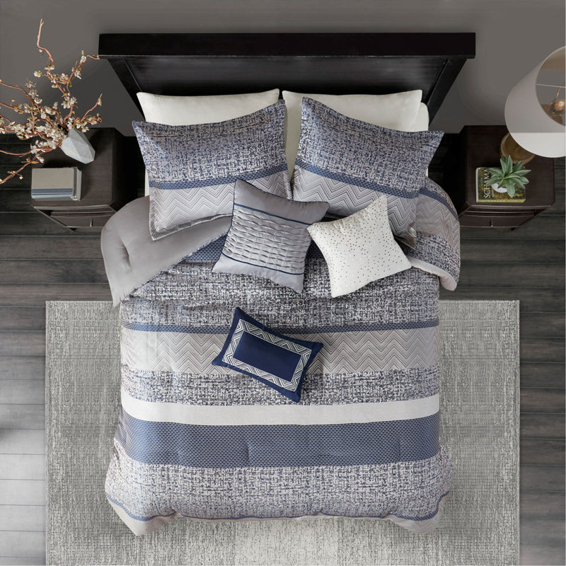 Ensemble d'édredon en jacquard 7 pièces grand bleu marine, Grand édredon et 6 pièces supplémentaires