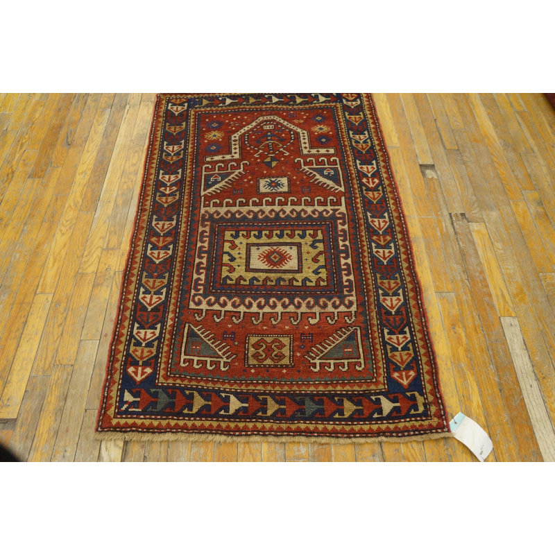 Late 19th Century Colorful Antique Tribal Geometric Caucasian Kazak Islamic Prayer Rug
