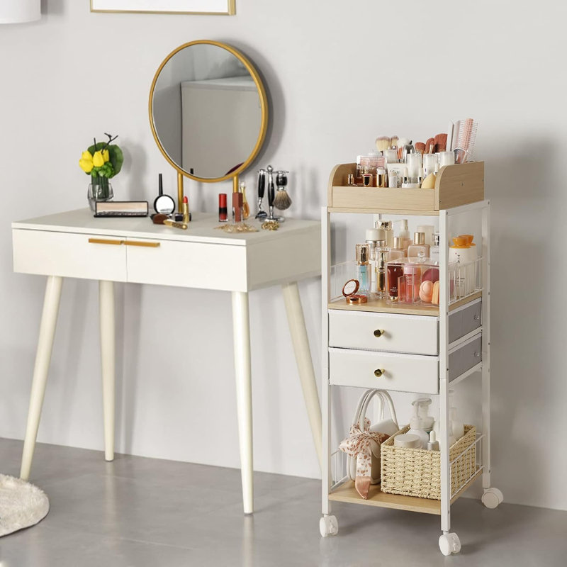 White and Wood Floor Makeup Organizer with Drawers