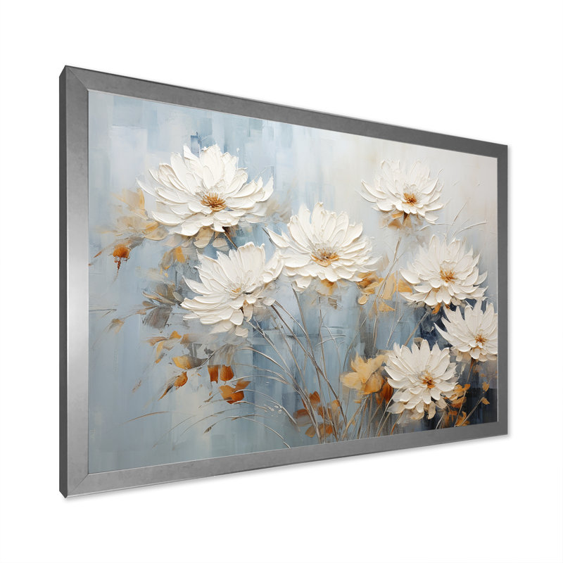 «White and Blue Chrysanthemums Painted Ink IV - Chrysanthemums», impressions d'art mural, H 16 po x l 32 po x P 1 po