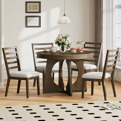 Round Dining Table For 4 With Chairs Set, Extendable Dining Table Set With 16" Removable Middle Leaf, 5 Piece Retro Dining Table Set Unique Geometric Design For Kitchen, Dining Room